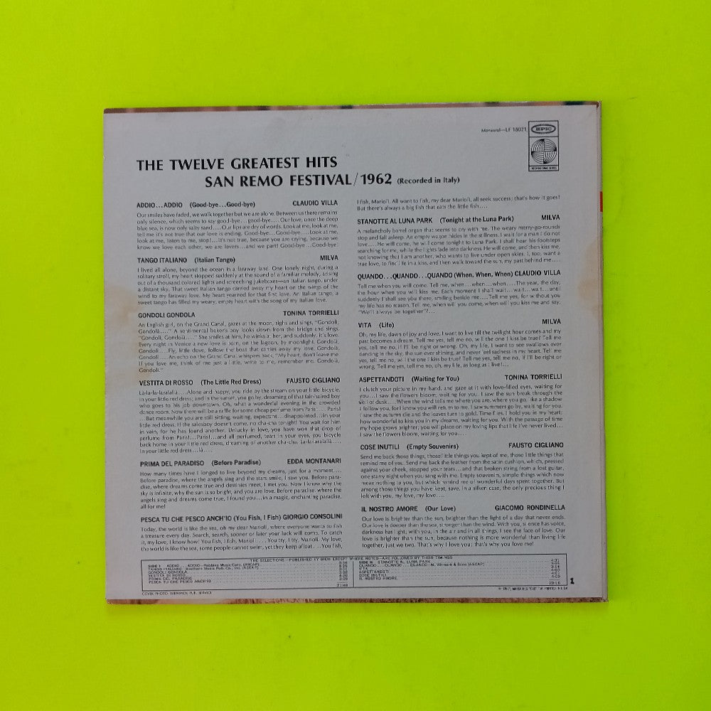 Various - San Remo Festival 1962 12 Greatest Hits - 1962 - LF 18021 - Used - VG++ - Vinyl